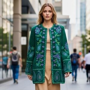 Linea by Louis Dell’Olio vintage green wool blend embroidered BOHO jacket Sz XL